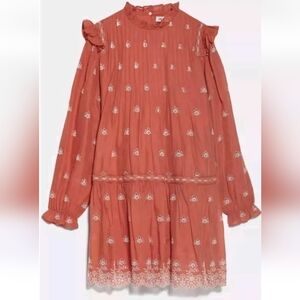 ZARA Coral Embroidered Eyelet Long Sleeve Mini Dress Cotton Red Size XSmall NEW